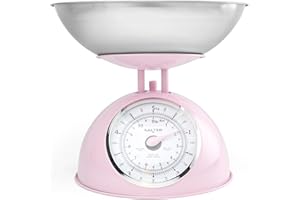 Báscula de Cocina Mecánica Retro Rosa Salter – Esfera Giratoria Grande de Fácil Lectura, Capacidad de 5 kg, Bol Seguro para Lavavajillas de 1 Litro, Báscula Analógica para Alimentos, Altura de 22 cm