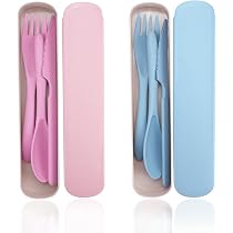 Set De Couverts De Voyage DIYJEP - Acier Inoxydable 304 Avec Étui, Couteau Fourchette Cuillère Baguettes (Bleu + Rose)