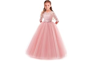 MYRISAM Filles Robe de Cérémonie 3/4 Manches Longues Tulle Dentelle avec Bowknot Demoiselle d'honneur Robe d’Mariage Soirée Communion Anniversaire Baptême Carnaval Fête Bal 3-14 Ans