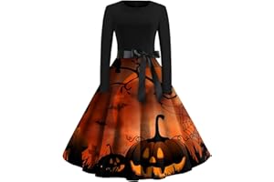 YKZZLDX Sexy Halloween Costumes Women Round Neck Vintage Pumpkin Print Dresses Womens Halloween Outfits 50S Long Sleeve A-Line Swing Lace Fall Costume Women's Halloween Costumes 90s Fancy Dress