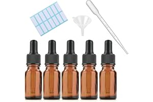 SKYPRO 5 botellas cuentagotas de vidrio ámbar con tapas negras, pipeta medida, embudo y etiquetas; botellas cuentagotas de vidrio de 5 ml para pipeta de aceite esencial rellenables