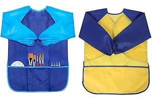 ZHjuju Grembiule da Pittura Bambini,2 Pezzi Grembiulino Impermeabile Scuola Maniche Lunghe con 3 Tasche Grembiule Asilo per Pittura Scuola d'Arte,Cucina,lavoretti Blu + Giallo