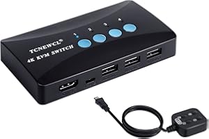 TCNEWCL KVM Switch HDMI 4 Port, 4K USB HDMI Umschalter für 4 Computer aktie 1 HD Monitor und 3 USB Geräten, Tastatur Mausdrucker Unterstützung, mit Fernbedienung und 2-in-1 Kabel