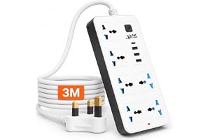 Socket Extension 6-Outlet 3M Power Strip Extension Cord with 3 USB Ports & USB-C Port, 10A Universal Extension Socket, Surge Protection, White with Black Trim