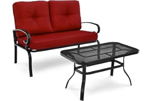 RELAX4LIFE Garden Loveseat and Table Set, Metal Frame 2 Seater Outdoor Furniture Set with Cushion & Armrest, Patio Bench Conversation Set for Backyard Park Poolside (Red Cushion)