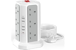 Tower Extension Lead with USB Slots with 20W USB C Fast Charger(5V/3.1A), HAFINO 12 Way Plug Extension Tower, Surge Protected Extension Lead with Switch, Multi Plug Socket with 3M Extension Cable