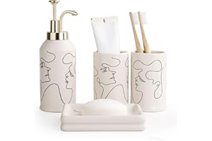 Santentre 4 Piece Ceramic Bathroom Accessory Set, Artistic Line Face Bathroom Sets Accessories with Soap Dispenser, Toothbrush Holder, Tumbler, Soap Dish, Abstract Bathroom Set for Decor, Off White