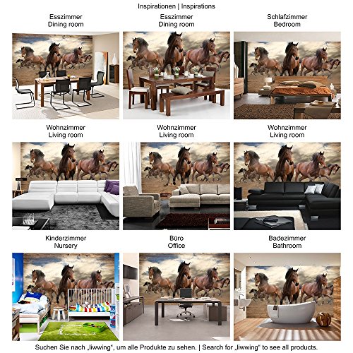 Vlies Fototapete PREMIUM PLUS Wand Foto Tapete Wand Bild Vliestapete – Pferde Hengste Galopp Holz – no. 3221, Größe: 312 x 219 cm Vlies - 6