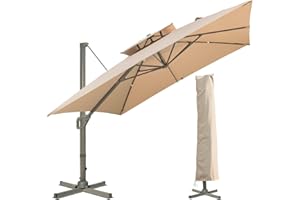 LKINBO Sonnenschirm Quadratisch 300 x 300 cm mit Ständer und Kurbel, Groß Ampelschirm Neigbar 360°Drehbar Parasol Windfest Gartenschirm Wasserdicht Marktschirm für Garten Deck Outdoor, Khaki