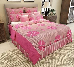 Home Candy 100% Cotton Pink Flowers and Checks Double Bed Sheet with 2 Pillow Covers