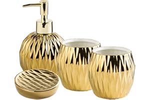 YYW Bathroom Accessory Set with Lotion Dispenser, Toothbrush Holder, Toothbrush Cup, Soap Dish 3/4 Pieces Modern Luxury Housewares Refillable Bathroom Soap Dispenser Set (Four-piece set - gold)
