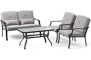 RELAX4LIFE 4PCS Garden Furniture Set, 4 Seater Outdoor Sectional Sofa Set with Loveseat, 2 Bistro Chairs and Coffee Table, Metal Frame Patio Conversation Set for Backyard Balcony Poolside