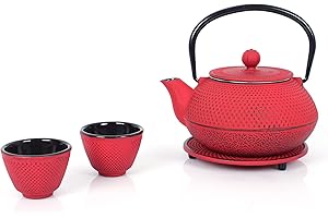 ECHTWERK Servizio da tè in ghisa, teiera 0,8 l con colino rimovibile, sottobicchiere e 2 tazze, set vintage per preparare tè sfuso, rosso