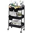 DOEWORKS 3-Tier Storage Cart Rolling Kitchen Trolley Cart, Metal Utility Shelves with Wheels for Room Makeup Bathroom Office, Black with 3 Cups