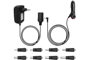 HOEMBPN Convertitore di Tensione Adattatore di Potenza 100V-240V a 12V Presa Accendisigari Auto, Spina Accendisigari con Interruttore 12V 3A a Cavo di Alimentazione DC 5,5x2,1 mm con 8 Connettori DC