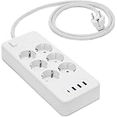 Amazon Basics Power Strip with 6 Outlets and Surge Protection, 4 USB Ports (1 USB-C, 3 USB-A), 1.5 m Cable, 1050 J, White
