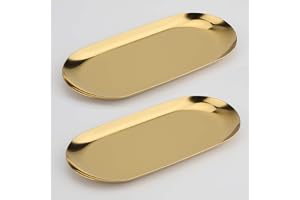Fermus Stainless Steel Decorative Tray, Set of 2, 9 Inch Long, Jewelry Dish Cosmetics Organizer Bathroom Clutter Serving Platter Small Storage Tray, Oval, Gold