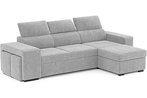 BUDWING John Sofá Cama Esquinero 4 Plazas - Chaise Longue Reversible, Reposacabezas Ajustable y 2 Pufs – Tapizado en Poliéster – Estilo Moderno – 263x161x96 cm – Gris Claro