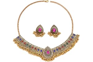 IMINI Ensemble De Bijoux De Mariage Indien Traditionnel Bohème Pour Femmes Et Filles Argent Antique Oxydé Collier Boucles d'Oreilles Pompon Bollywood Ras Du Cou Punk Cristal Cadeau Tendance