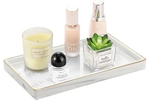 Luxspire Bathroom Vanity Tray, Golden Rimmed Jewelry Organiser rectangle Ceramic Tray, Kitchen Countertop Ring Dish Holder Cosmetic Organiser plate for Candles Perfume Home Décor, Medium, Marble White