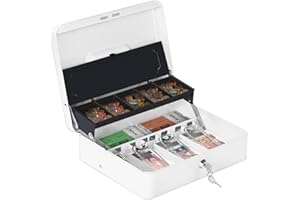 HAITRAL Metal Cash Box with Key Lock, Note and Coin Safe Box, Portable Large Double Layer Cash Box with Fixed Coin Tray and 2 Keys, Money Tin 30 X 24 X 9 cm, White