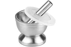 Flexzion Szczotkowana stal nierdzewna zestaw zaprawy i pestle z pokrywką, antypoślizgowy spód - solidny metalowy młynek kruszarka na pigułki pojemnik na miski z guacamole zioła przyprawy czosnek / kuchnia leki kuchenne 10 cm