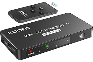 Switch HDMI, KOOFIT Multiprise HDMI 4K Switch HDMI 3 Entrées 1 Sortie, Multi HDMI Supporte 4K 3D UHD, Commutateur HDMI Splitter pour TV, PS5, Lecteur Blu-Ray, DVD, Xbox