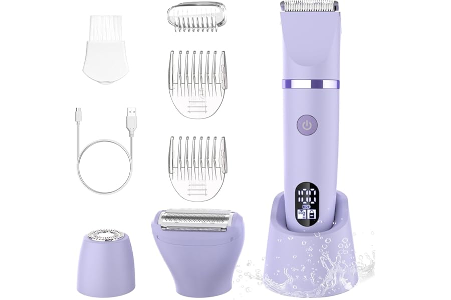 3-in-1 Electric Razor IPX7 Waterproof Bikini Trimmer Wet & Dry Use Painless Personal Trimmer Groomer for Ladies Face Body Legs Bikini Public Hairs Electric Lady Shaver with Replaceable Heads