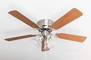 Pepeo Kisa Deluxe Ventilateur de plafond avec éclairage et interrupteur à tirette en nickel brossé Blanc/Erable 105 cm 105620190