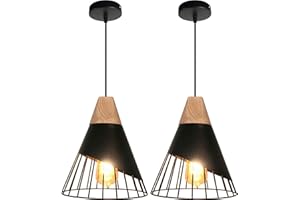 TOKIUS Lámpara Colgante Vintage Lámpara de Techo Interior Estilo Creativa Jaula de Hierro con Madera E27 Lámparas Araña para Dormitorio Sala Comedor, 25CM (Negro, 2 Piezas)