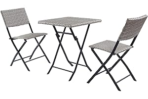 TMEE Salon de jardin en rotin avec 3 chaises pliantes et 1 table pour balcon, cour, jardin, gris