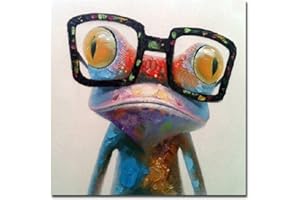 Fokenzary Peint à la main peinture à l'huile mignonne grenouille avec des lunettes sur toile tendue et encadrée moderne Pop Art mur de toile 32x32in