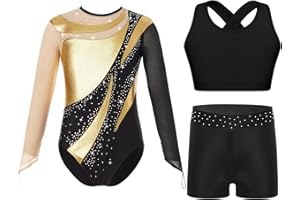 Oyolan Kinder Mädchen Turnanzug Glitzer Gymnastikanzug Langarm Gymnastikbody mit Kurze Hose und Top Wettkampf Tanzkostüm