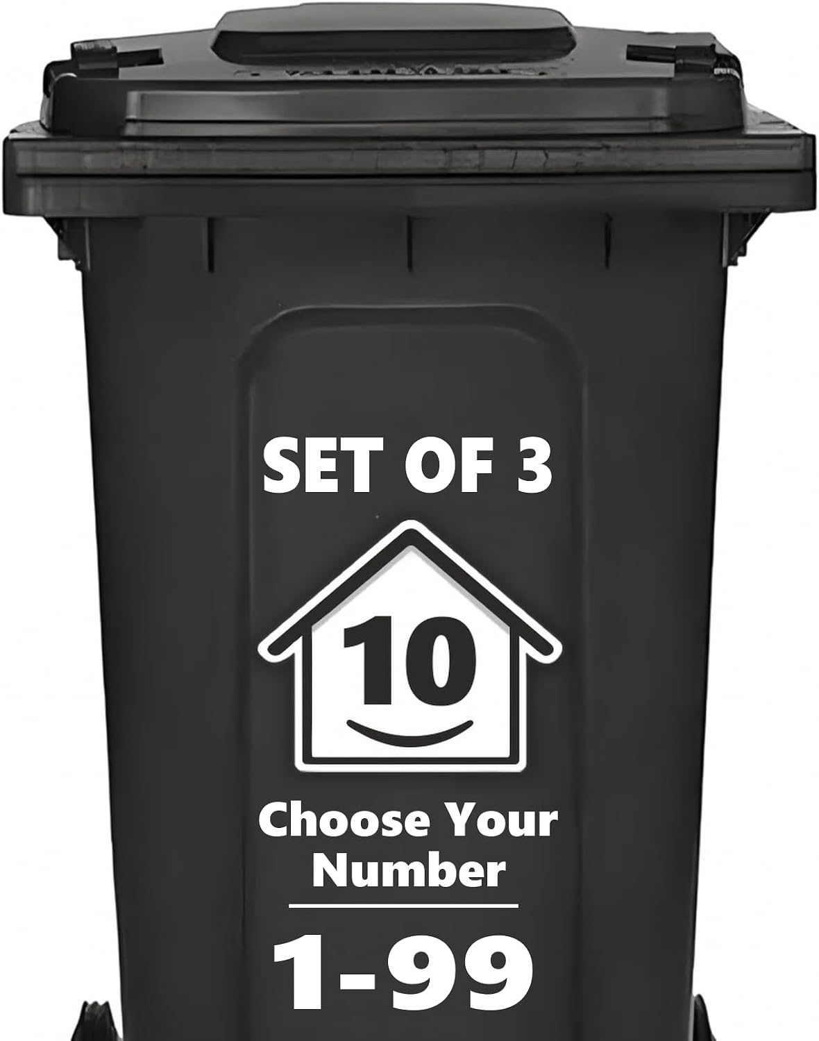 3 x Bin Numbers for Wheelie Bins, 1-99, 15cm ‘Happy House’ Design Dustbin Stickers, Easy Application Stick On Number Stickers - Weatherproof Self Adhesive Vinyl, Black (10)
