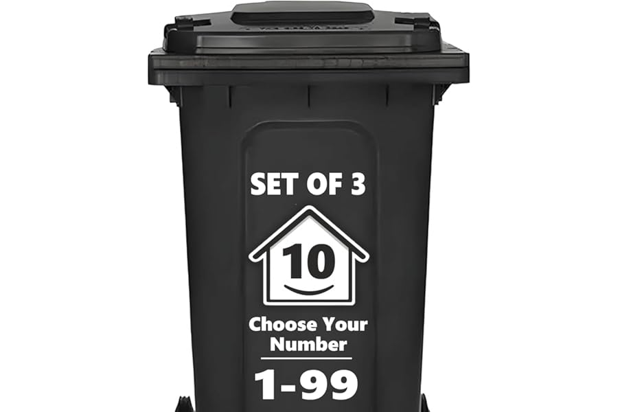 3 x Bin Numbers for Wheelie Bins, 1-99, 15cm ‘Happy House’ Design Dustbin Stickers, Easy Application Stick On Number Stickers - Weatherproof Self Adhesive Vinyl, Black (10)