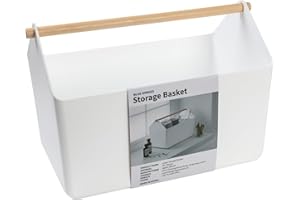 BLUE GINKGO Grand Panier de Rangement – Caddy en Plastique avec Poignée en Bois pour Salle de Bain, Placard ou Produits Ménagers (Blanc)
