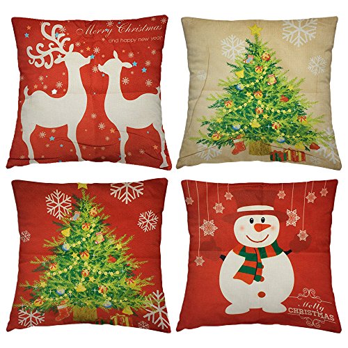 4 Fundas Festivas para Cojines Decorativos – 4 Diseños Navideños - Accesorio de Decoración para Cama, Sillas - Cubierta para Almohada de Sofá, Dormitorio – Adorno y Regalo para Navidad