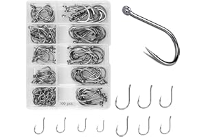 FURNRUBDEN 100 anzuelos de pesca en 10 tamaños, ganchos de pesca, ganchos de púas, anzuelos de pesca, anzuelos de pesca en acero de alto carbono con caja de plástico para agua dulce de agua salada 3# - 12#