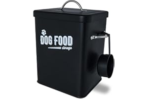 Supremery Pudełko na karmę dla psów z łyżeczką dozującą – metalowe pudełko do przechowywania karmy dla psów – puszka na karmę dla psów – pojemnik