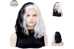 Aomig Czarno-biała peruka - średnio długa, kręcona, falowana peruka bob z siatką na włosy, pół czarna, półbiała, dla kobiet, cosplay, fantazyjny kostium, syntetyczny kostium karnawałowy