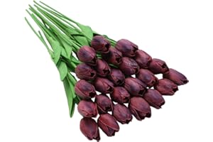 Tifuly 24 pezzi di tulipani artificiali in lattice, realistici bouquet di fiori finti di tulipani per la casa, matrimonio, festa, decorazione dell'ufficio, composizioni floreali (Rosso Scuro)