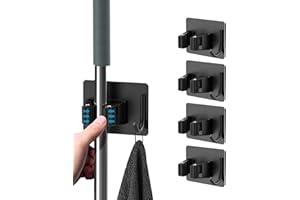 homeasy Mop Broom Holder, 4 Pcs Stainless Steel Self Adhesive Mop Holder Wall Mounted with Hooks Hanger Self-Adhesive Broom Holder for Bathroom, Kitchen, Office, Closet, Garden Garage(Black)
