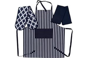 Penguin Home Apron, Double Oven Glove and 2 Kitchen Tea Towels Set -100% Soft, Durable, Heat Resistant & Super Absorbent, Cotton,Colour - Navy/White, (70 X 90 18 X 90 45X 65 cm)
