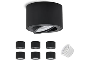 GeyouLux Plafonnier Spot 3000K Φ80×50mm Ultra-plat, Rotatif à 45° Spot en saillie Orientable,Aluminium Rond Noir Mat Apparent Downlight Lampe de Plafond Pour Modules LED,Comprend ampoule,lot de 6