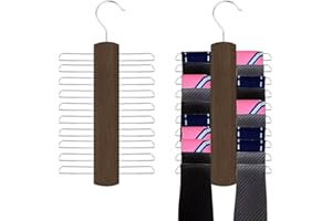 Kaizuca 2 Piece Wooden Tie Hanger, Swivel Tie Racks, Tie Belt Rack, with 20 Metal Partitions and 360 Degree Rotating Clothes Hook, for Hanging Belts, Tie, Scarves, Neckties and More (Walnut Color)