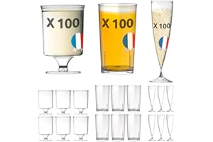 TABLE'COLORS 300 Verres Réutilisables et Recyclables - 100 Flûtes Champagne 13,5 cl + 100 Verres Cocktails 30 cl + 100 Verres à Vin 17 cl - Fabriqué en France, Lavable - Qualité Supérieure et Durable