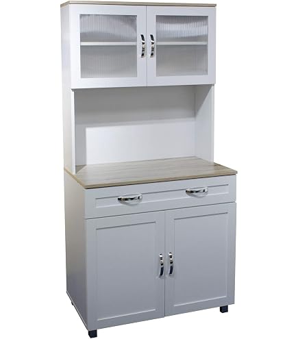 Küchenschrank Hochboard Mit LED-Beleuchtung – 100x47x187 Cm, Grau/Natur, Platz Für Mikrowelle & Viel Stauraum