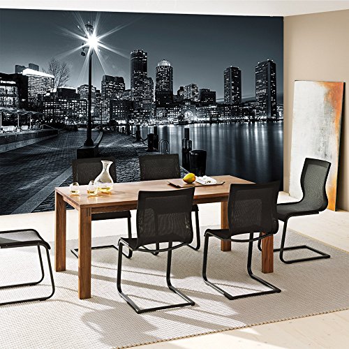 Vlies Fototapete 400×280 cm PREMIUM PLUS Wand Foto Tapete Wand Bild Vliestapete – New York Tapete Laterne Nacht Skyline Lichter Fluss schwarz – weiß – no. 843 - 7