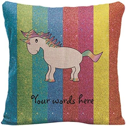 LDJ Cotton Polyester Chair Square Throw Pillow Case Decorative Cushion Cover Pillowcase Design With Unicorn With Rainbow Glitter Stripes Custom Pillow Print Double Side Size 18x18 Inches