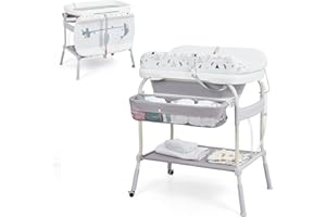 BALOVEBY Wickeltisch mit Badewanne, Abnehmbare Badewanneneinheit mit weichem Kissen, Temperaturanzeige, Wickelstation für Kleinkinder mit Rädern, wasserdichte Unterlage, Babybadewanne mit Ständer für Neugebore